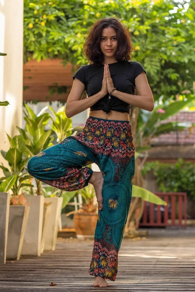 Hippie Pants Turquoise Chang Pants, high-waisted yoga pants with elephant and floral print