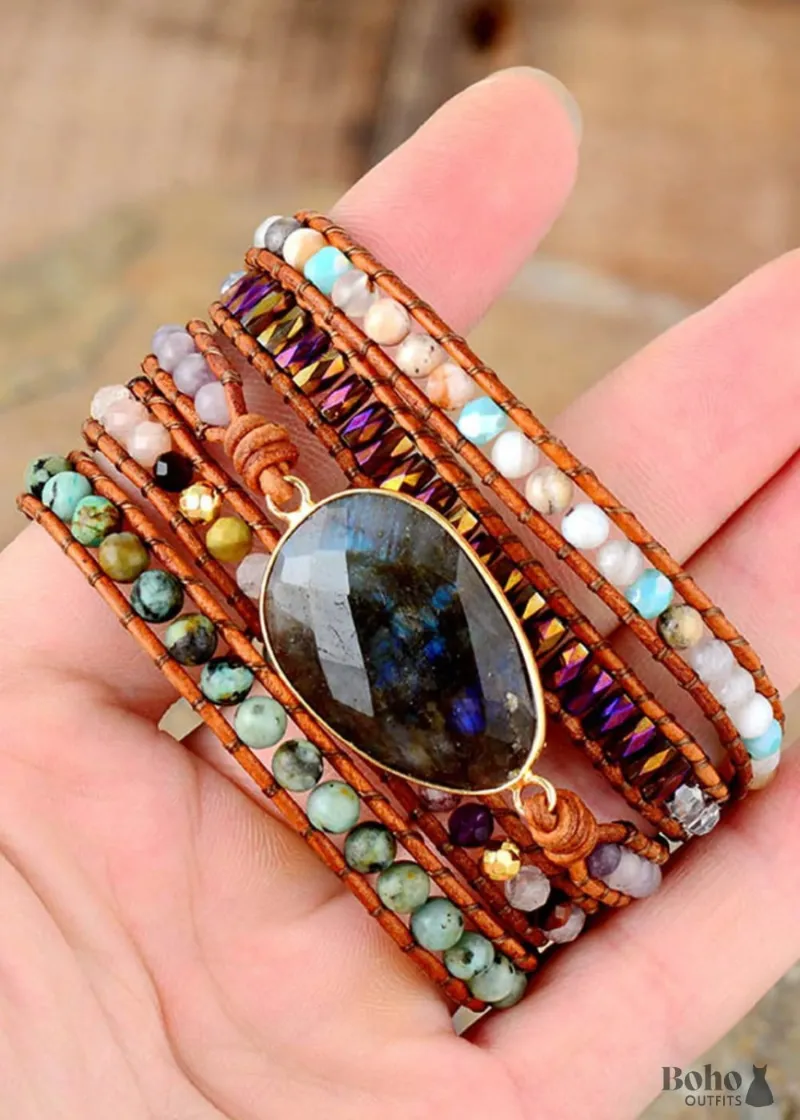 Boho Bracelet 5 Layers Leather Wrap Bracelet, Black Onyx stones