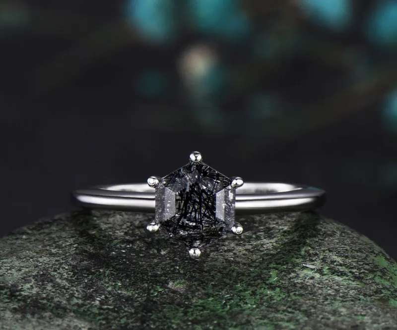 WillWork Jewelry 14k white gold unique Hexagon Cut Black Rutilated Quartz engagement ring, pear gemstone with metallic streaks shown on band