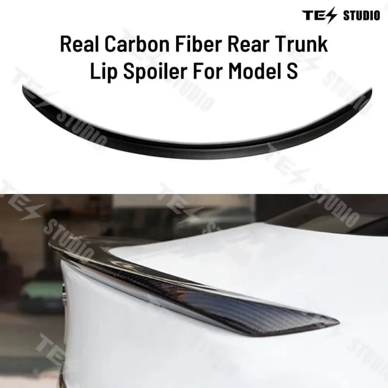 Tesstudio Carbon Fiber Trunk Spoiler on Tesla Model S rear with matte carbon finish