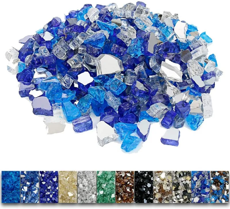 GrillPartsReplacement 1/2'' Patio Heaters White Blue Fire Glass Reflective Tempered Fire Rocks for Fire Pits