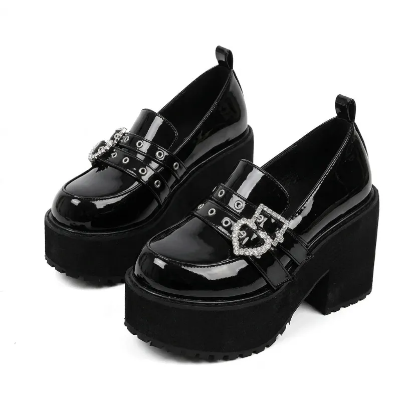 Shoptery Jirai Kei Patent Platform Loafers with Rhinestone Heart Buckle in pointed toe slingback style with platform base