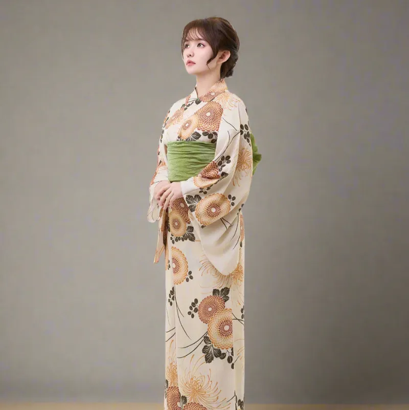 Foxtume Autumn Bloom Women Festival Yukata in cream with chrysanthemums
