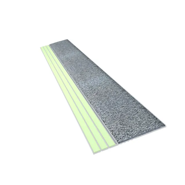 ComposiGrip Ecoglo E3061 Gray Photoluminescent Contrast Strips showing aluminum profile with luminous ridges and gray anti-slip surface
