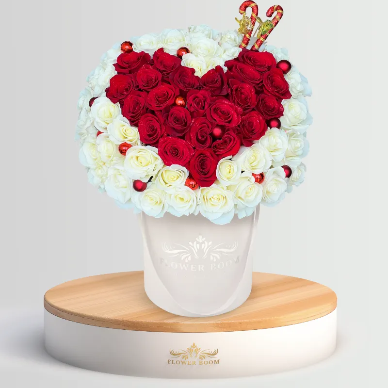 Flower Boom Dallas All I Want For Christmas Is YOU, white rose box with red heart arrangement