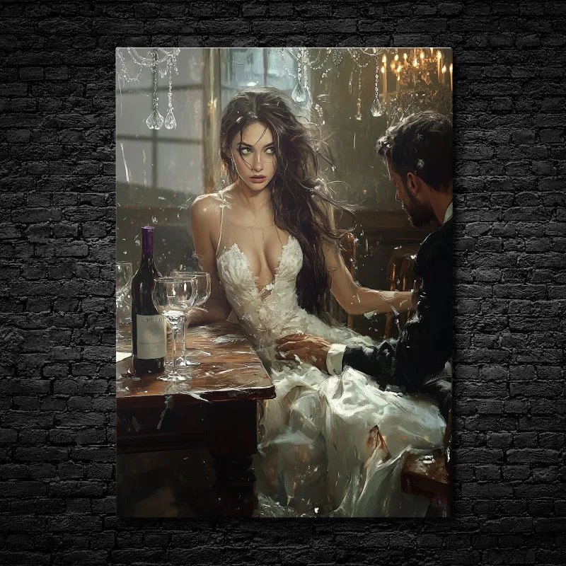 CruArt Shattered Nightfall metal print depicting woman at table with broken glass and atmospheric tension
