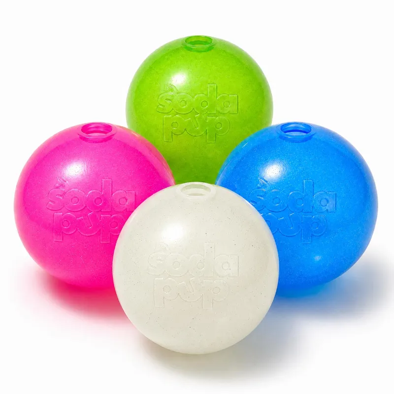 Soda Pup Glitter Ball dog toy in soft PUP-X rubber with floating and treat dispenser features