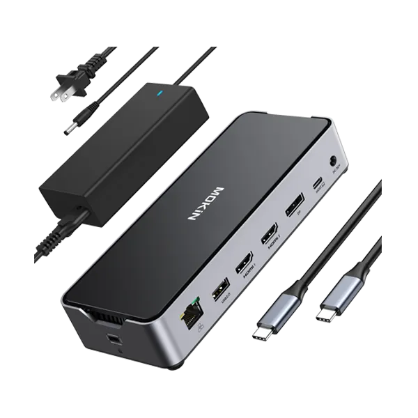 MOKiN 13 IN 1 Laptop USB-C Dock Triple Monitor showing multiple video and data ports