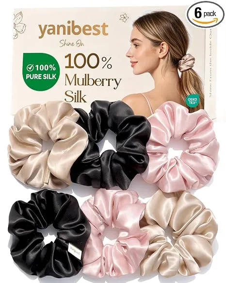 Yanibest Mulberry Silk Hair Scrunchies in silky fabric, shown as ponytail tie and wrist accessory