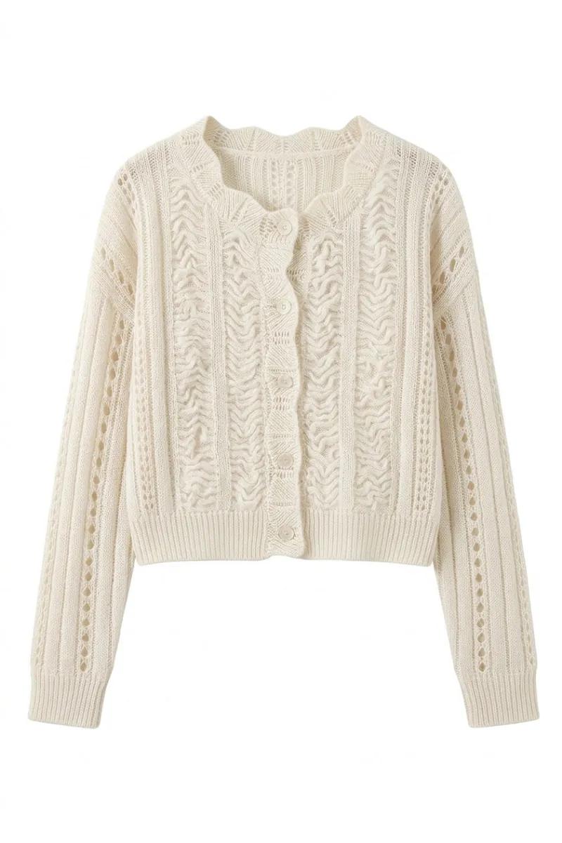 Cottagecore Clothes Ethereal Pearl-Knit Cropped Cardigan with openwork knit and pearl button placket