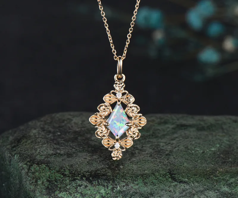 WillWork Jewelry 14k rose gold kite cut Opal necklace luxurious retro pendant