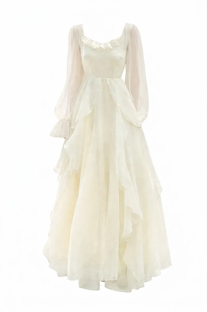 Cottagecore Clothes Ethereal Ruffle Maxi Dress in ivory organza with cascading ruffles and bishop sleeves