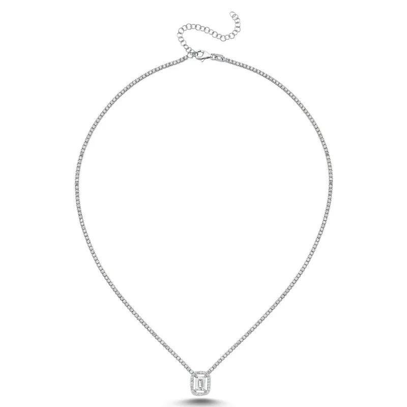 Amorium Jewelry Emerald Halo Pendant Silver Tennis Necklace with green stone and crystal halo