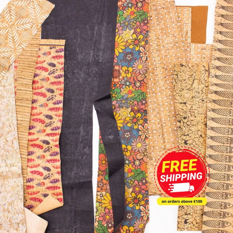 Corkadia 1KG bag of natural shredded cork fabric spilling out in assorted colours