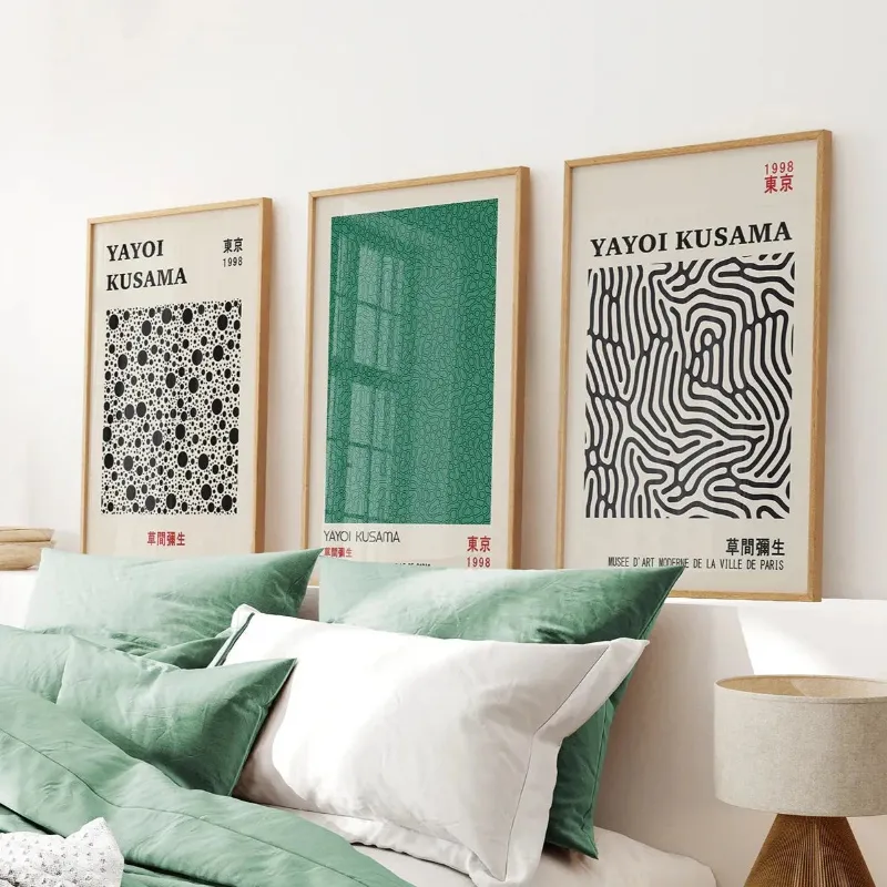 Wall Art Set 3 Piece Sage Green Abstract Japanese Wall Art Set Yayoi Kusama - abstract art posters