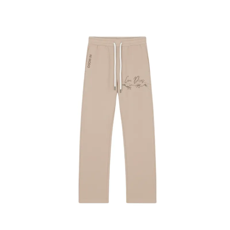 Nimodo Con Dios Sweatpants in Latte Beige showing straight-leg fleece sweatpants