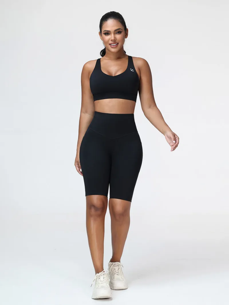 Zuluzenith Supportive Sports Bra & Knee Length Tummy Control Shorts Workout Set in Pearl Pink