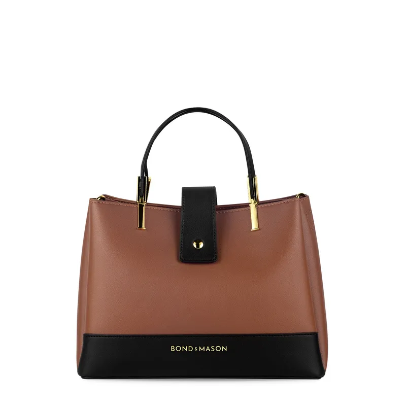 Bond & Mason The Meghan Handbag shown as a tall vegan leather handbag with gold-tone hardware