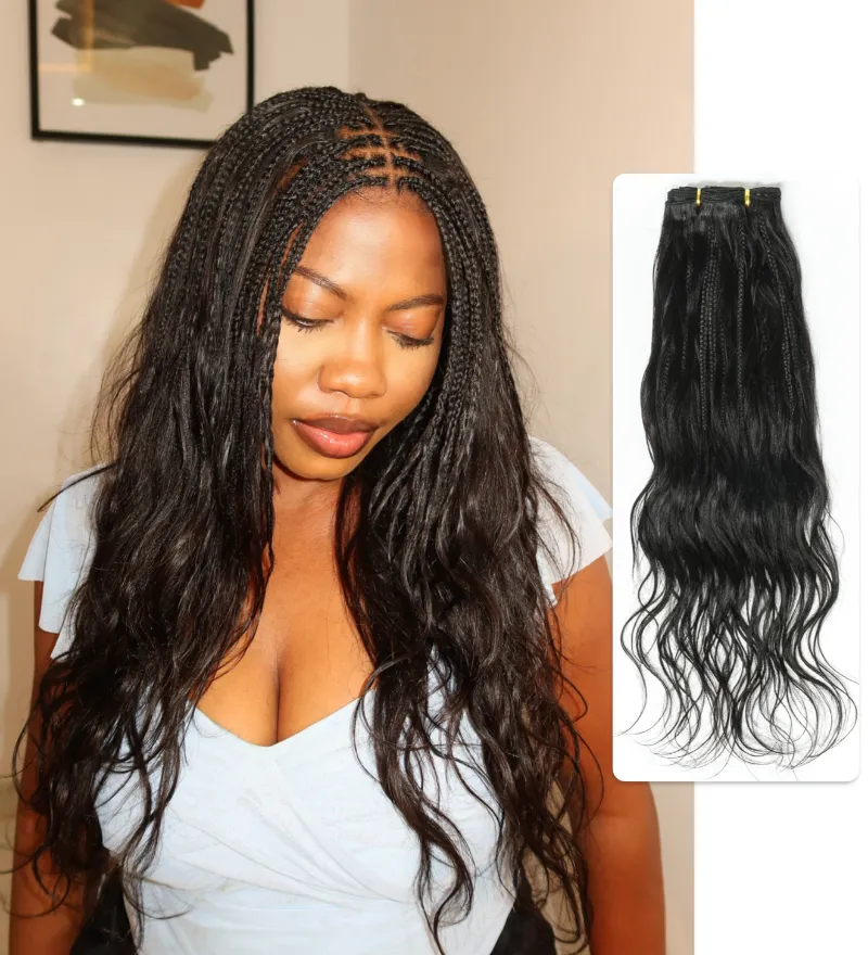 Jaliza 18 inch Human Hair Body Wave Boho Braided Wefts showing pre-braided bundle ready to install