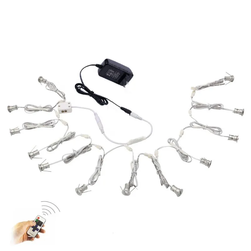 AIBOO 12V Linkable Mini Recessed Downlight with Remote and Adapter 12 Lights showing puck lights and remote