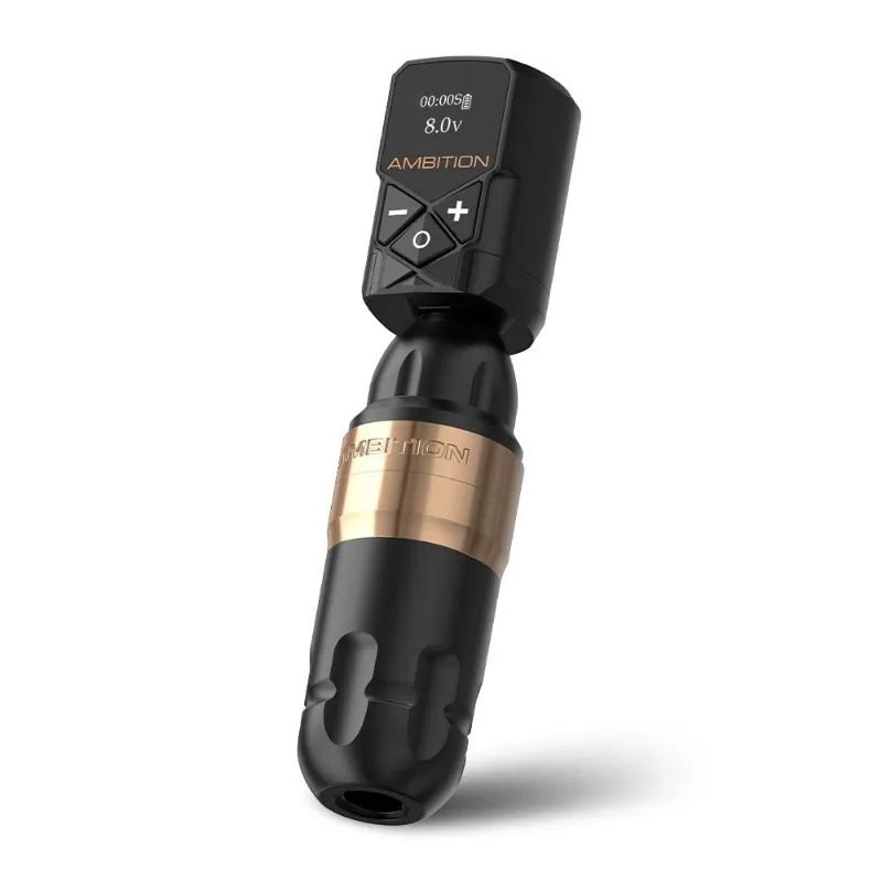 Ambition Tattoo Shura Rotary Tattoo Machine with Kuark Wireless Tattoo Battery Kit showing pen and battery unit
