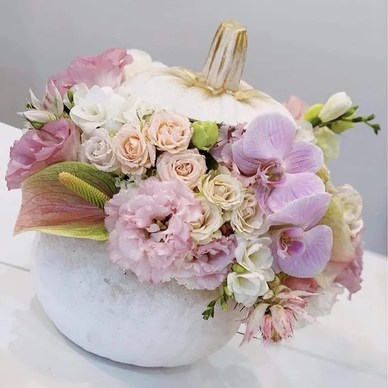 Flower Boom Dallas Delicate pumpkin arrangement with fresh flowers in white pumpkin container