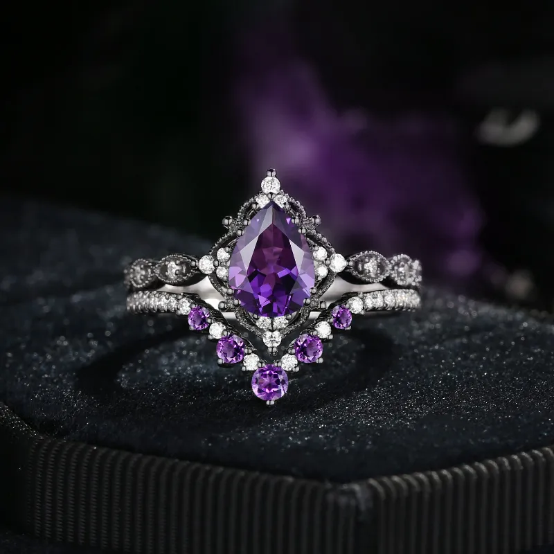 Starlandus Elara Antique Pear Cut Natural Amethyst Engagement Ring Set in black gold
