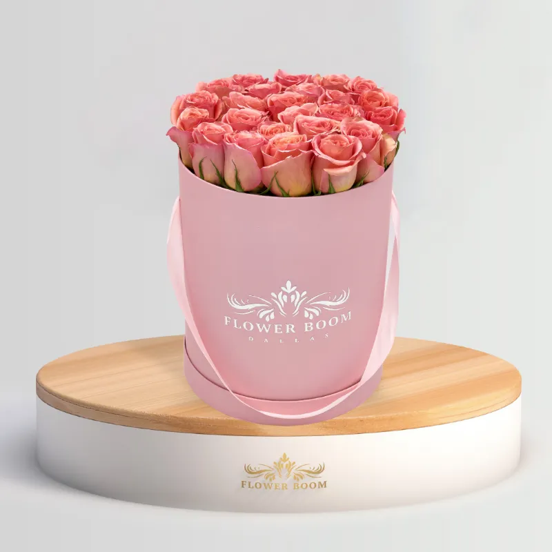 Flower Boom Dallas Classic Pink Geraldine Rose Box with 25 premium pink roses in elegant presentation box