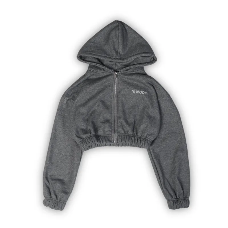 Nimodo Women's Zip Crop Jacket in Steel Grey with zip front and elastic details