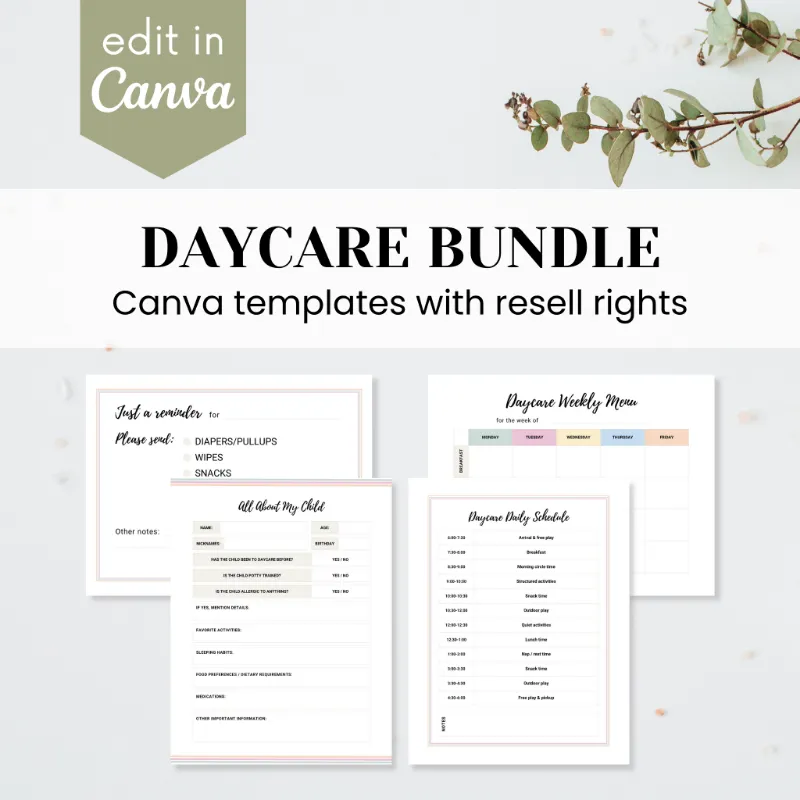 Purpose PLR Daycare Bundle Template showing four editable Canva template pages