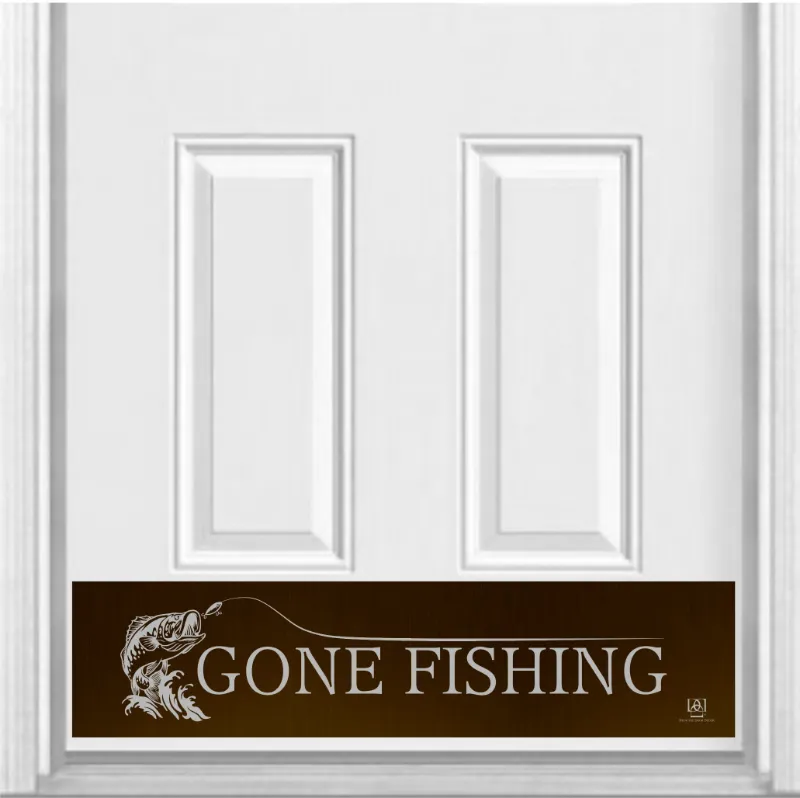 Deck the Door Decor Gone Fishing Engraved Door Kick Plate featuring angler lifestyle lettering on aluminum