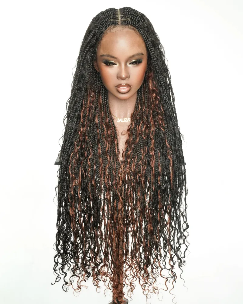 Jaliza 36 inch Human Hair Boho Box Braided Wig in 1B/#33 with auburn highlights and deep wave curls