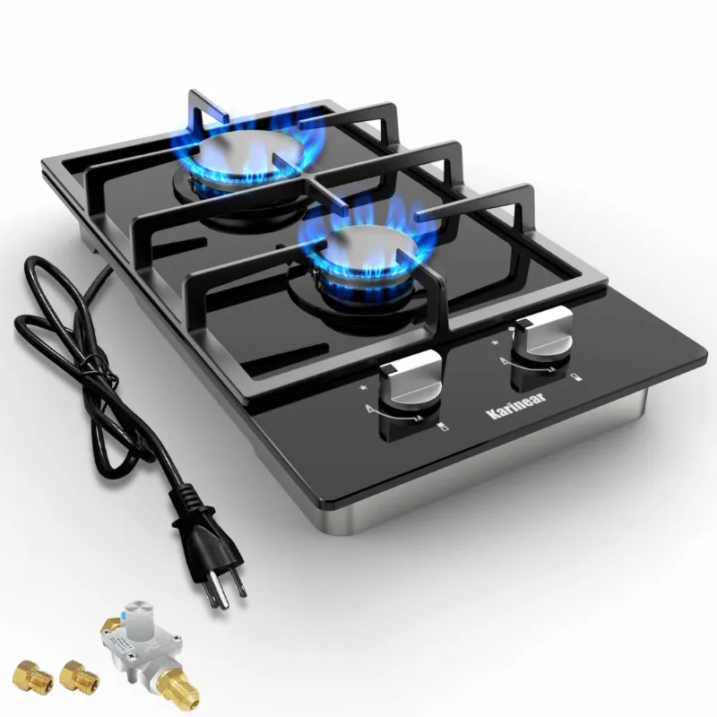 Karinear Appliances 12 Inch 2 Burner Built-in LPG/NG Tempered Glass Gas Cooktop, glass top with burners