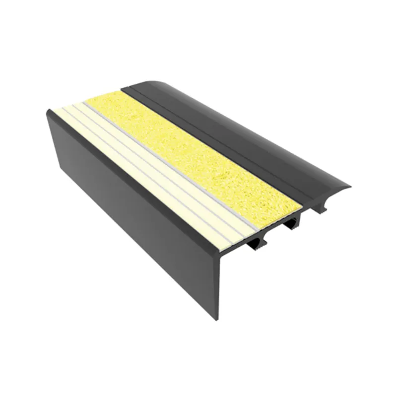 ComposiGrip Ecoglo C4261 Yellow Anodized Photoluminescent Non-Slip Carpet Stair Nosing 2.7 Inch installed on stairs