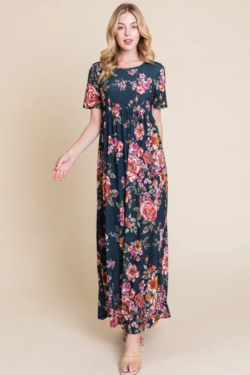 BIANKINA Floral Short Sleeve Maxi Dress with shirred detailing