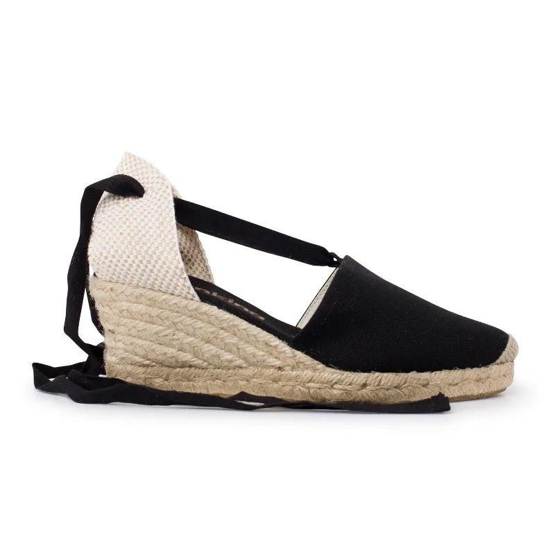 BIANKINA Almanera Sustainable Eco Friendly Vegan Canvas Espadrille Wedges in black with lace-up design