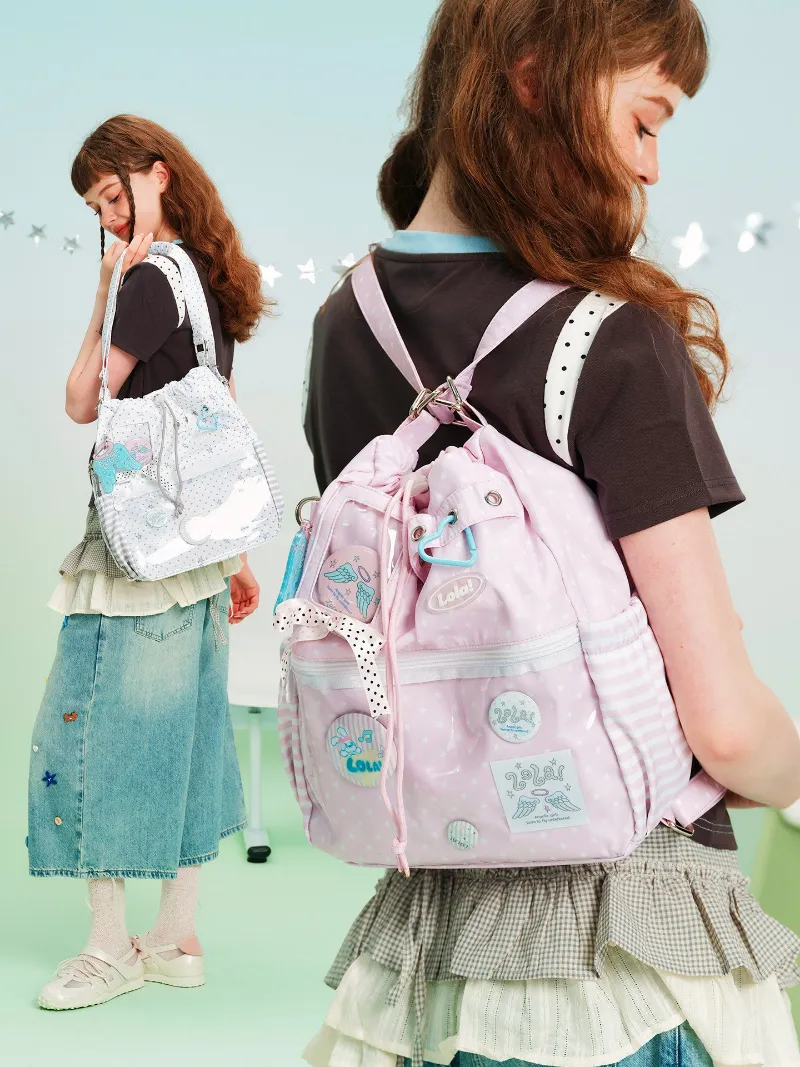 Juwas 2-Way Convertible Star Print Drawstring Ita Bag showing the star pattern and adjustable strap layout