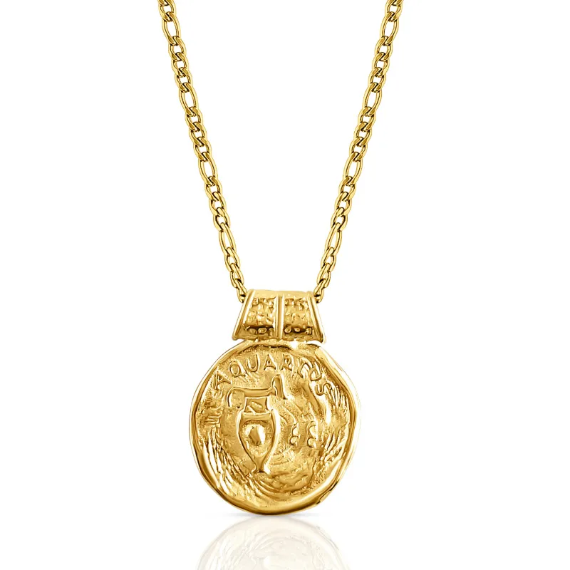 DORSYA Aquarius Zodiac Coin Necklace featuring vintage-inspired gold coin pendant with Aquarius symbol