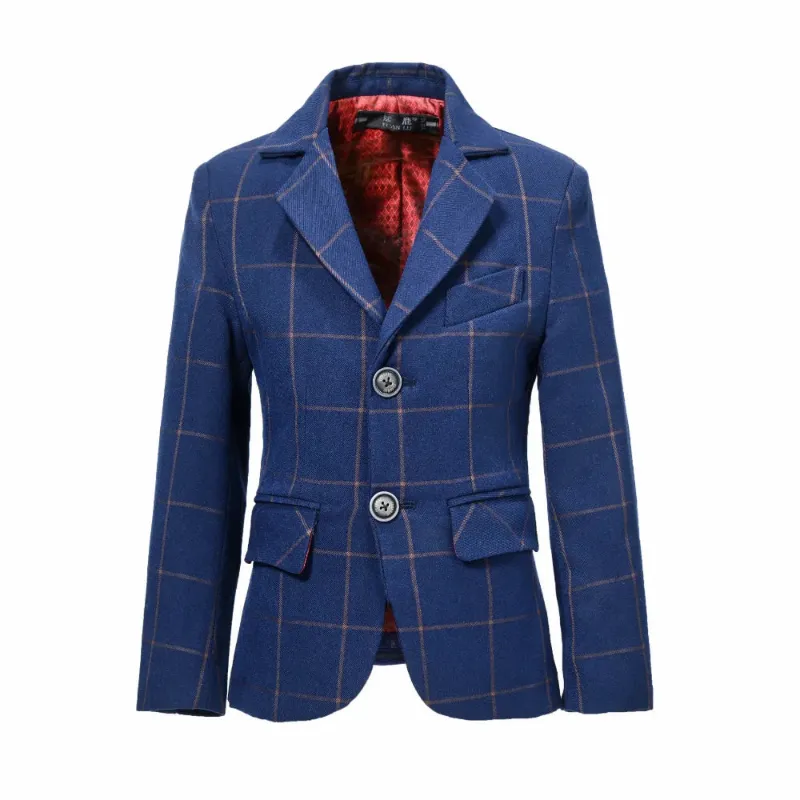 Wehilion Blue Plaid Boys Formal Blazer, an affordable school jacket shown in a blue checkered pattern