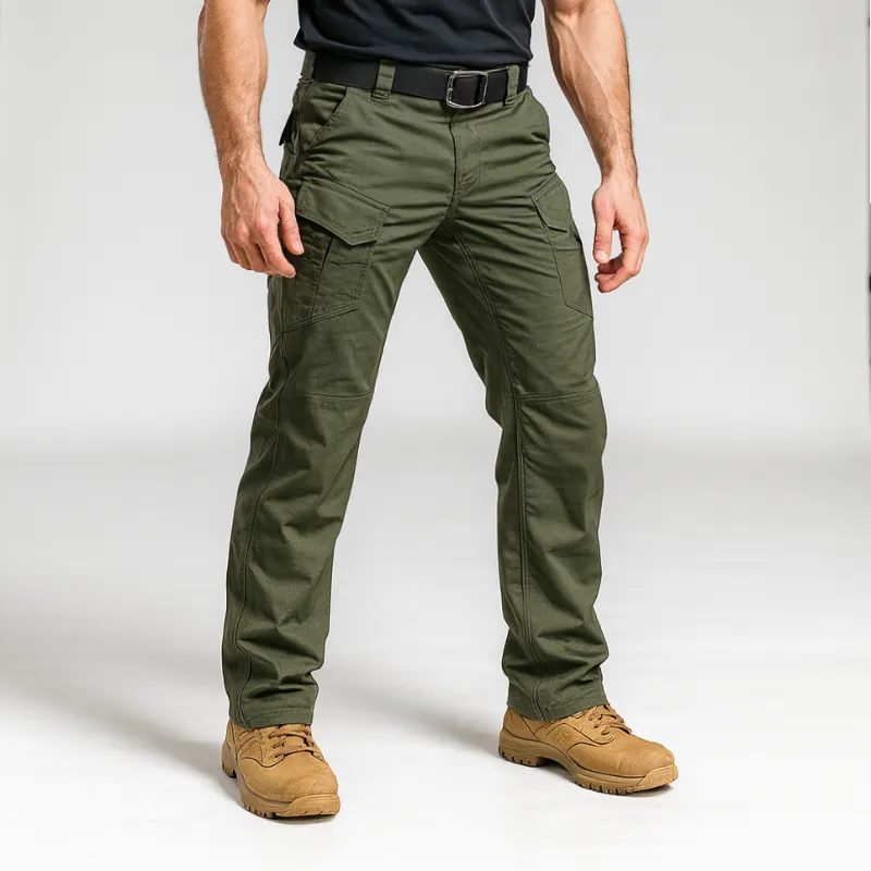 Falour Men's Reinforced Knee Tactical Cargo Pants in Army Green, front view showing multiple pockets and reinforced knees