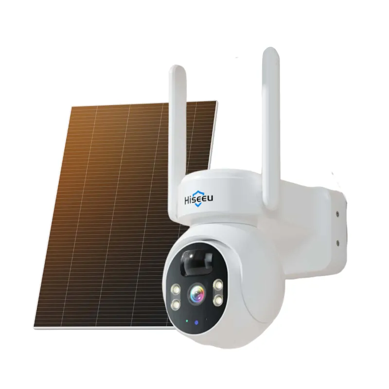 Hiseeu 4MP No Monthly Fee PTZ 360° View Solar Wireless Battery Camera, white camera with solar panel mounted
