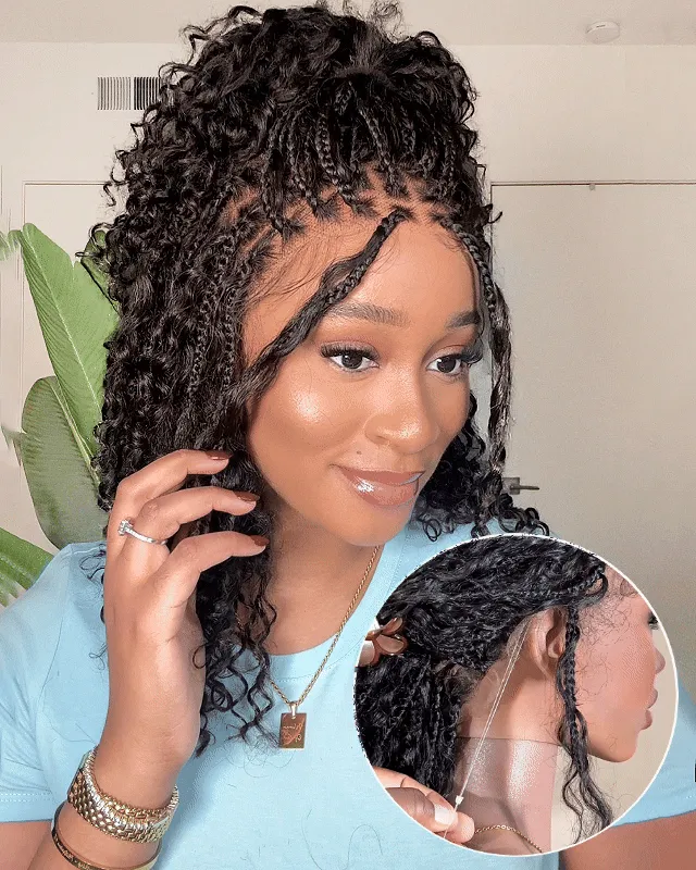 Jaliza Nami Drawstring Cap Glueless Water Wave Human Hair Curls Pre Bleached Swiss HD Full Lace Knotless Boho Box Braided Wig