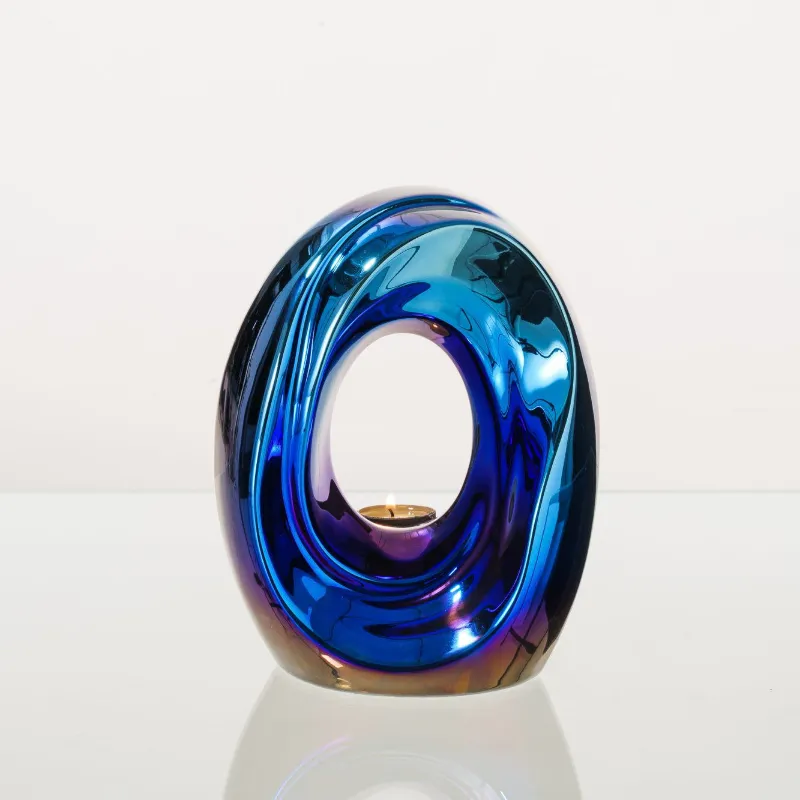 Pulvis Art Urns Artisan Cremation Urn for Ashes The Passage in glossy blue ceramic with integrated tealight space