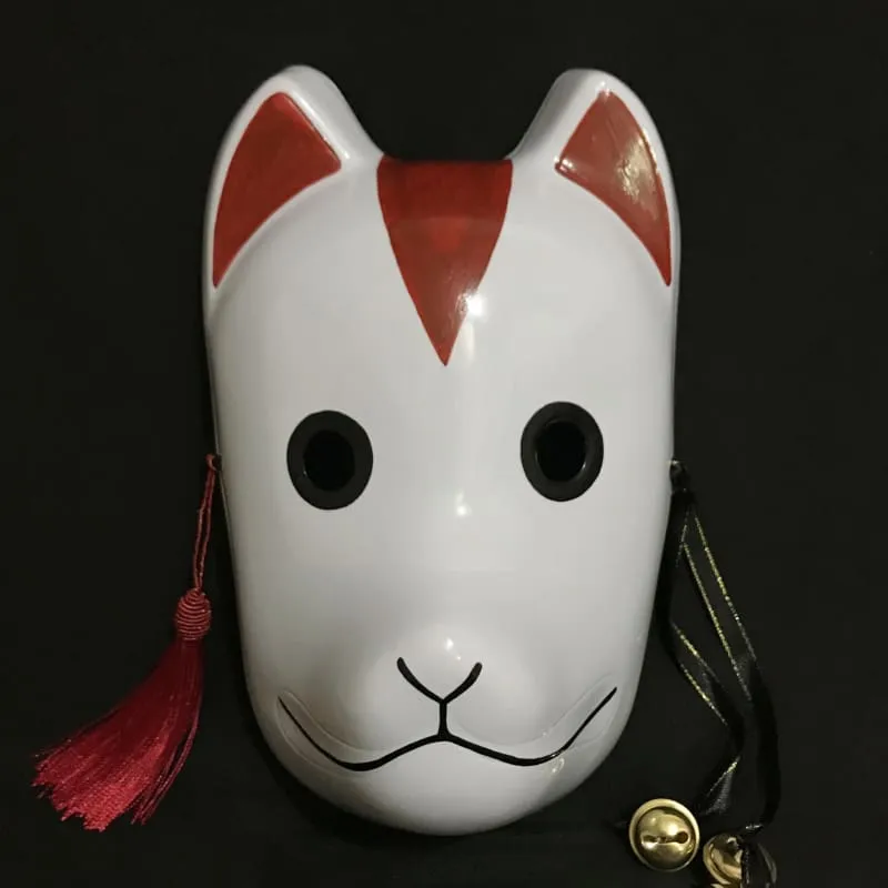 Foxtume Kitsune Mask - Shadow Flame hand-painted white fox mask with dark flame-like markings