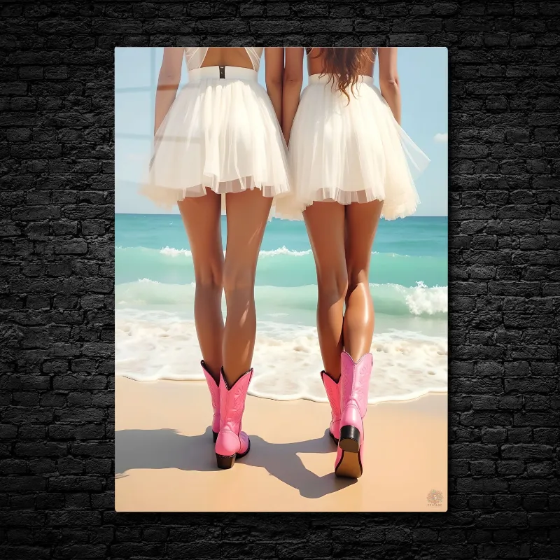 CruArt Beachside Cowgirls Metal Print with two figures in pink boots at water's edge