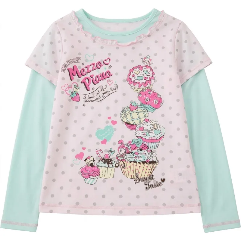 Shoptery Fairy Kei Mezzo Piano Sweet Cupcake Layered Long Sleeve Top, loose top with polka dot print and cartoon graphic shown flat