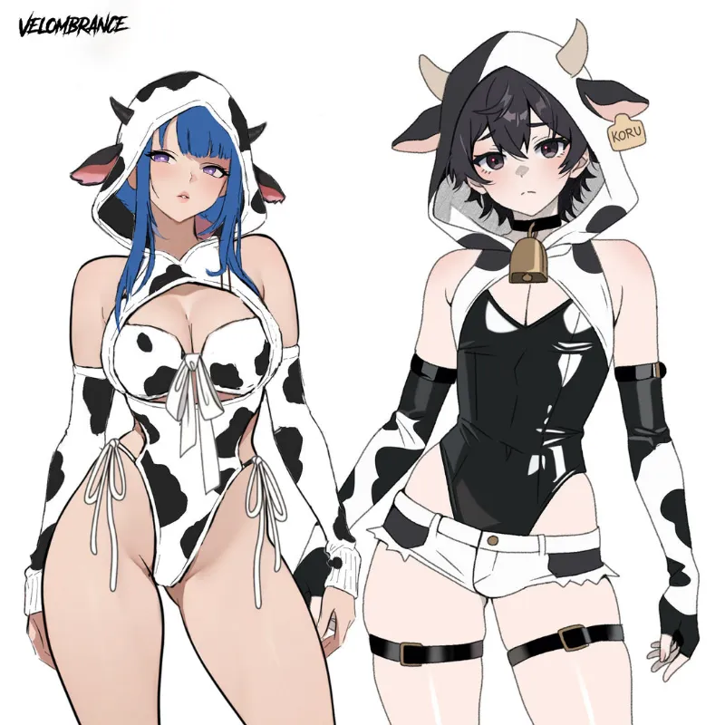 Velombrance Cow Couple Cosplay Costume showing matching men's and women's outfits