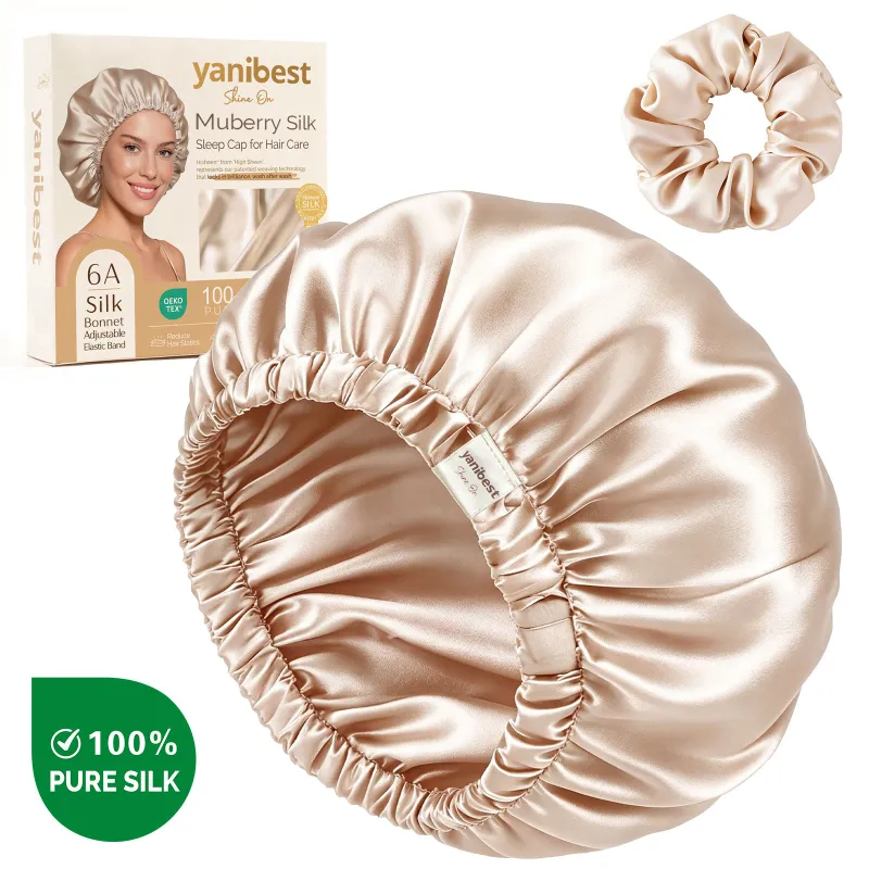 Yanibest Mulberry Silk Bonnet 22 MOMME 6A Adjustable Elastic in champagne on model