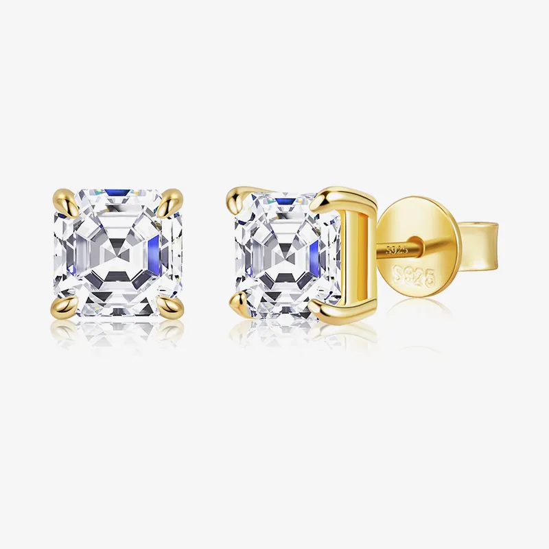 Alexcraft Asscher Cut Moissanite Stud Earrings showing square Asscher-cut moissanite in four prong setting