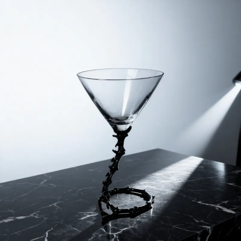 Techypop Bone Dry Spine Martini Glass showing clear crystal bowl on ornate black metal backbone stem